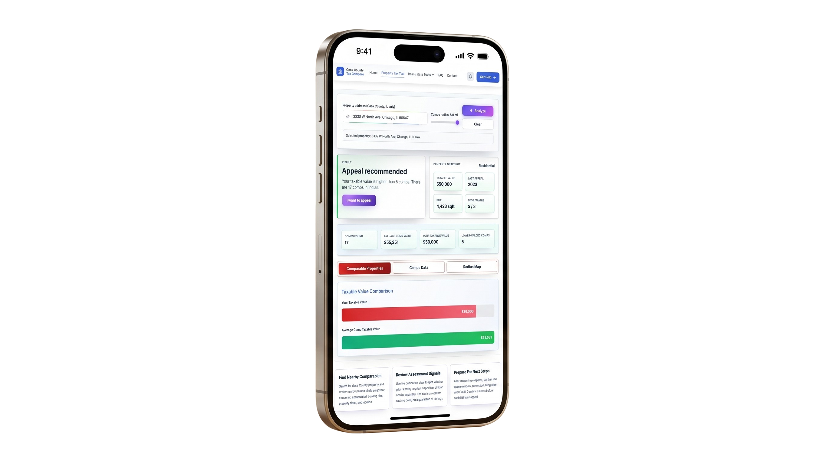 Cook County Tax Compare property tax appeal tool shown on an iPhone